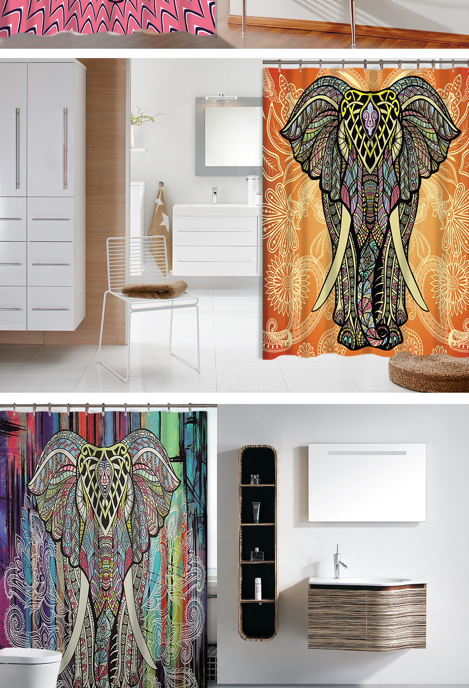 Indian Style Colorful Printed Waterproof Bathroom Curtain and Mat
